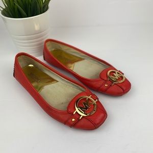 MICHAEL KORS Fulton Orange Leather Moccasin Flats Sz 6M • Gold MK Buckle • GUC